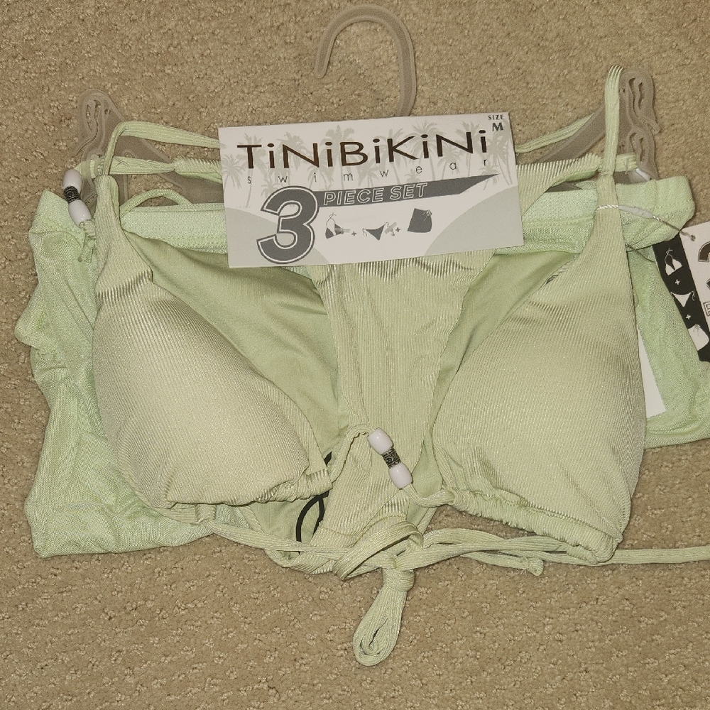 TiniBikini Light Green Swimwear Set Size M WITH Cover Up Matching Skirt